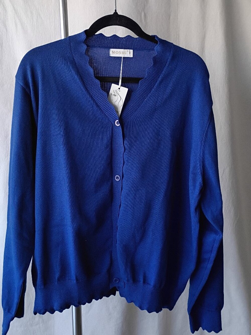 MOSHU Women's Blue Scalloped Cardigan Sweater XL Button Front NWT